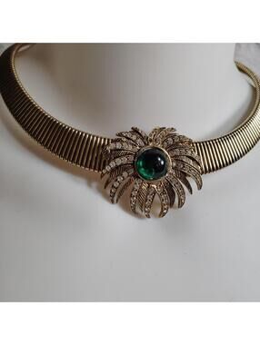 Vintage Gold Tone OMEGA Retro Collar Necklace W Glass Jeweled Ornament